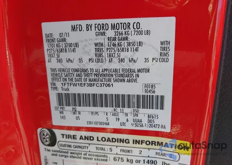 2011 Ford F-150 Xlt z USA, uszkodzony, nr VIN 1FTFW1EF3BFC37061